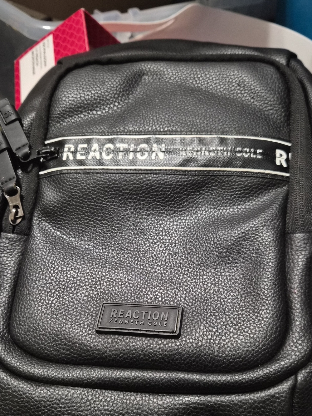 Kenneth Cole Reaction Black Pebbled Crossbody Backpack with Striped Logo